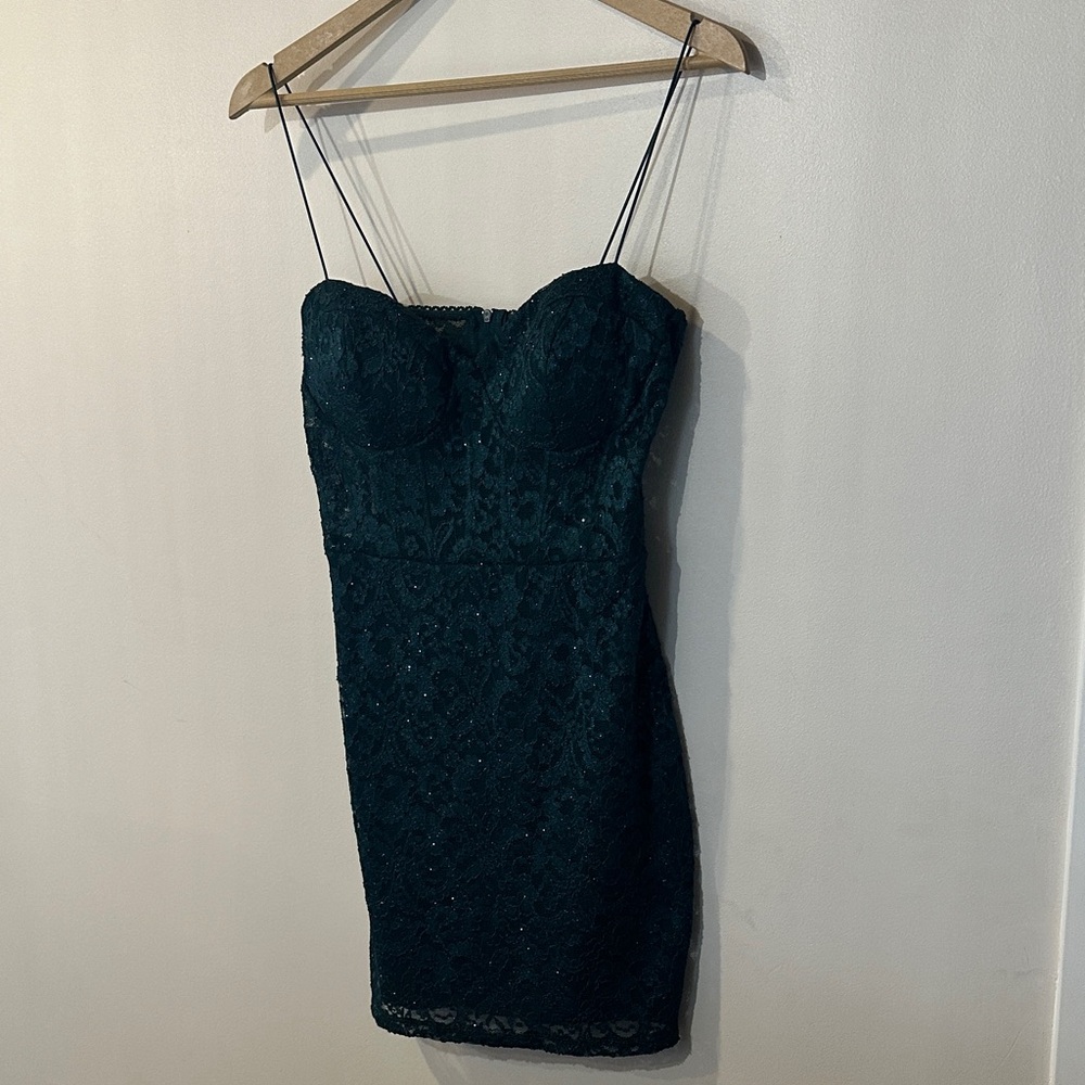 B Darlin Strapless Dark Green Lace Dress